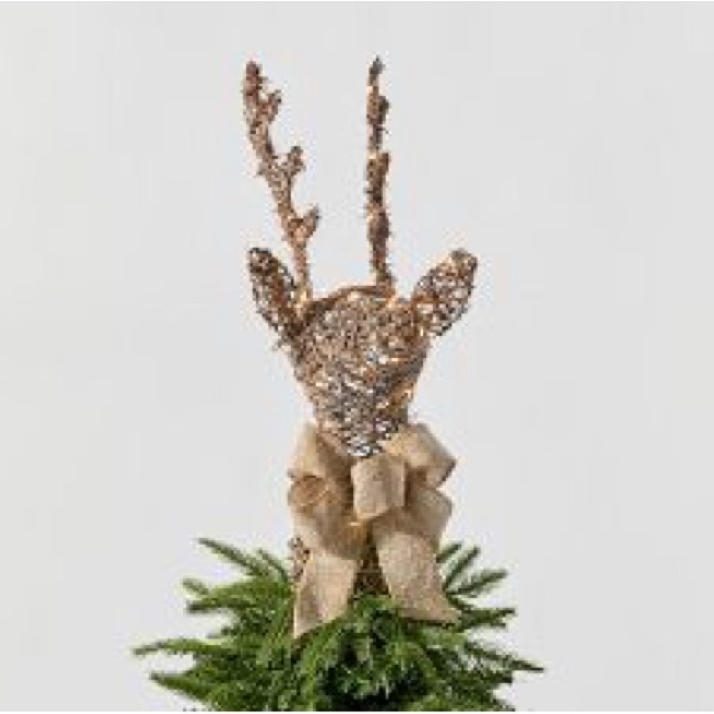 New Pottery Barn Lit Burlap Deer Christmas Tree Topper, 11.75” X 19.5”